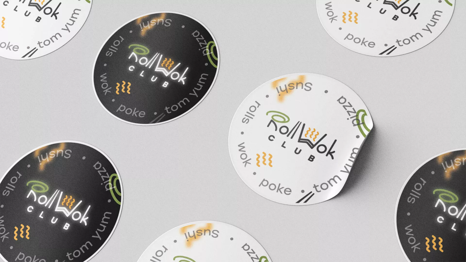 Разработка дизайна наклеек для суши-бара «Roll Wok Club» в Электрогорске
